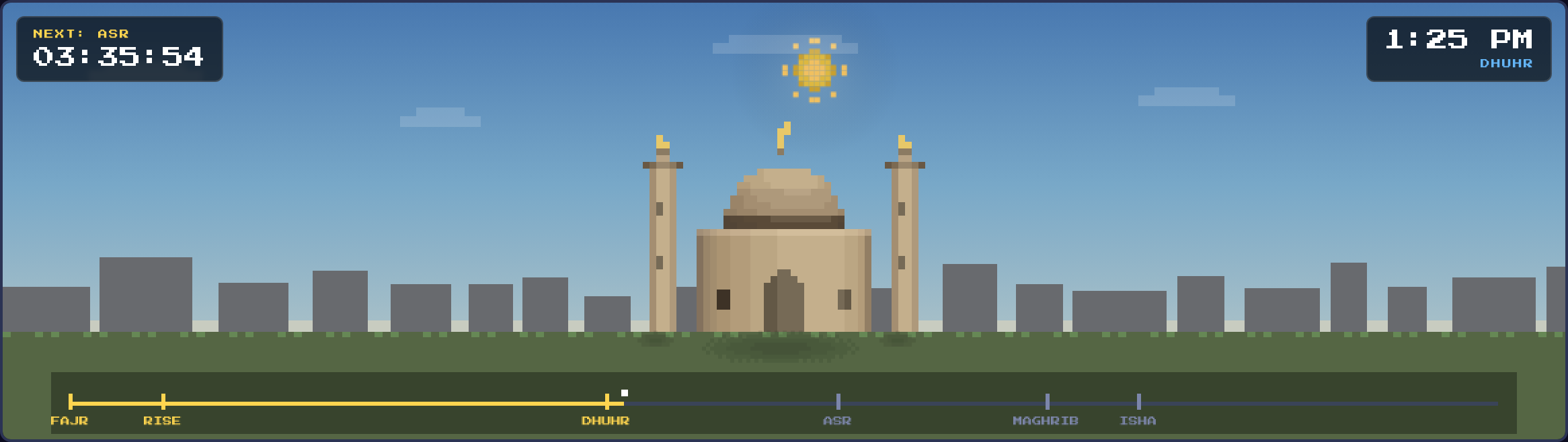 Dhuhr — full daylight, pixel sun near the top of its computed arc, 1:25 PM