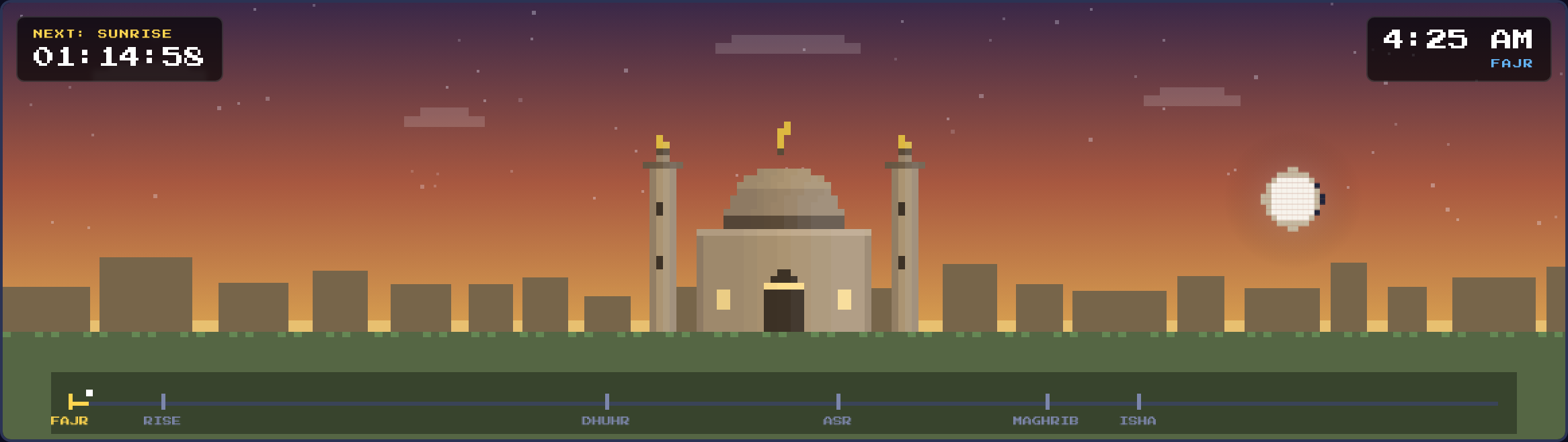 Fajr — deep orange dawn gradient behind the pixel mosque, waning moon still up, 4:25 AM