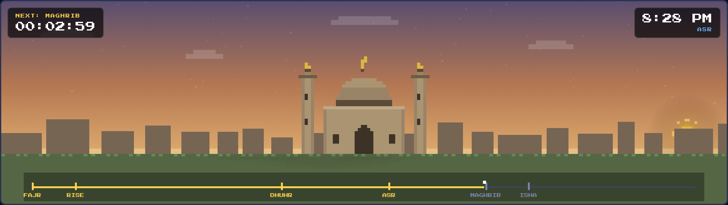 Moments before Maghrib — orange-to-violet sunset, sun touching the horizon, countdown at 2 minutes 59 seconds