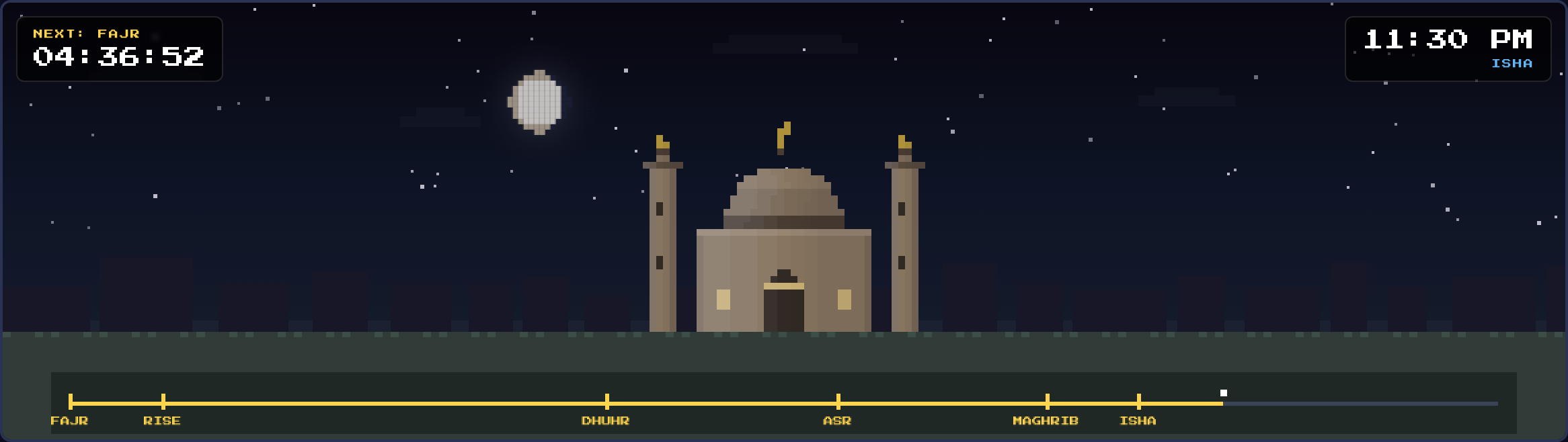 Night — starfield over the darkened mosque, gibbous moon overhead at its real phase, windows lit, 11:30 PM